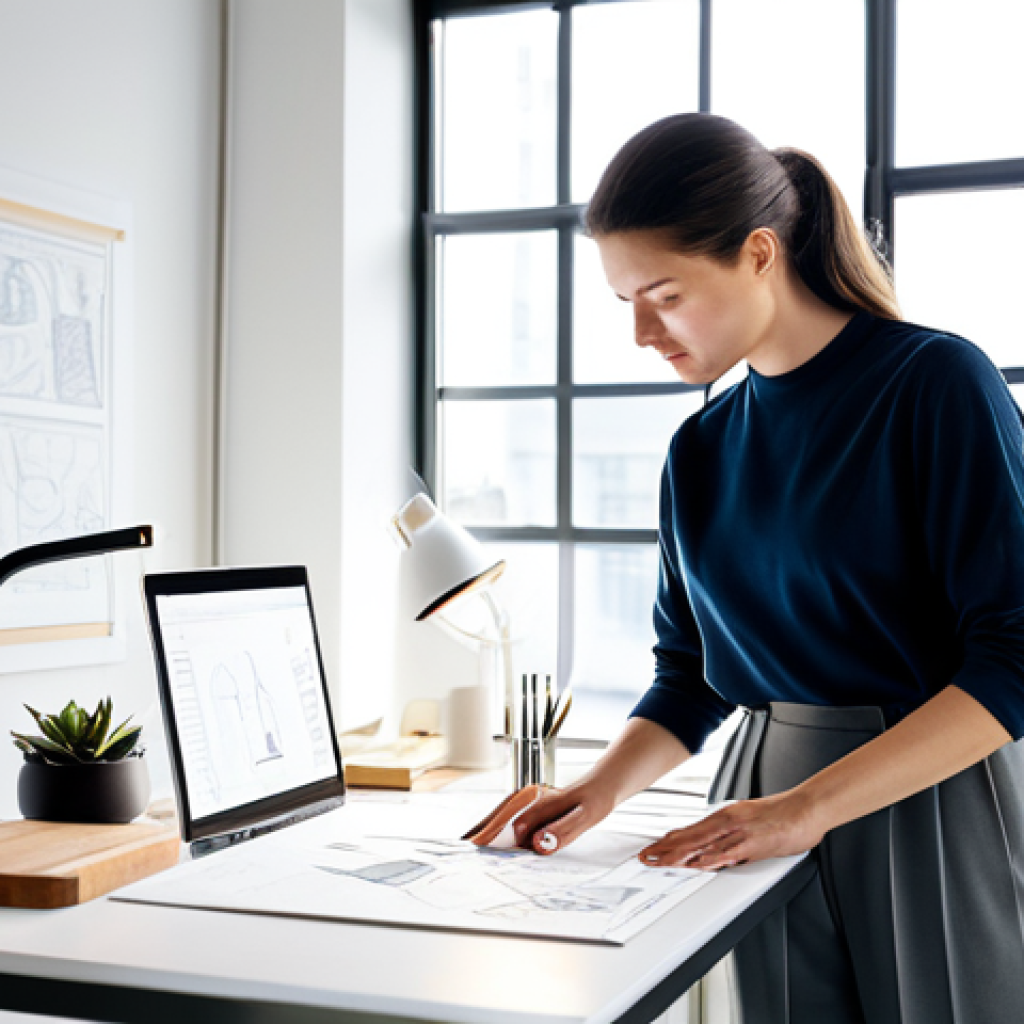 A female industrial designer in a modest business casual top and trousers, gently touching a sleek, minimalist product prototype on a clean white desk in a bright, modern design studio. Sunlight streams through large windows, highlighting the thoughtful connection between human and object. The background shows neatly arranged design tools and innovative product sketches, emphasizing craftsmanship and sustainable design. fully clothed, modest clothing, appropriate attire, professional dress, safe for work, appropriate content, professional, perfect anatomy, correct proportions, natural pose, well-formed hands, proper finger count, natural body proportions, professional photography, high resolution, detailed, clean aesthetic.
