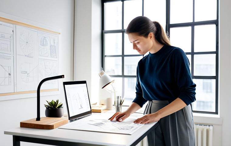 A female industrial designer in a modest business casual top and trousers, gently touching a sleek, minimalist product prototype on a clean white desk in a bright, modern design studio. Sunlight streams through large windows, highlighting the thoughtful connection between human and object. The background shows neatly arranged design tools and innovative product sketches, emphasizing craftsmanship and sustainable design. fully clothed, modest clothing, appropriate attire, professional dress, safe for work, appropriate content, professional, perfect anatomy, correct proportions, natural pose, well-formed hands, proper finger count, natural body proportions, professional photography, high resolution, detailed, clean aesthetic.