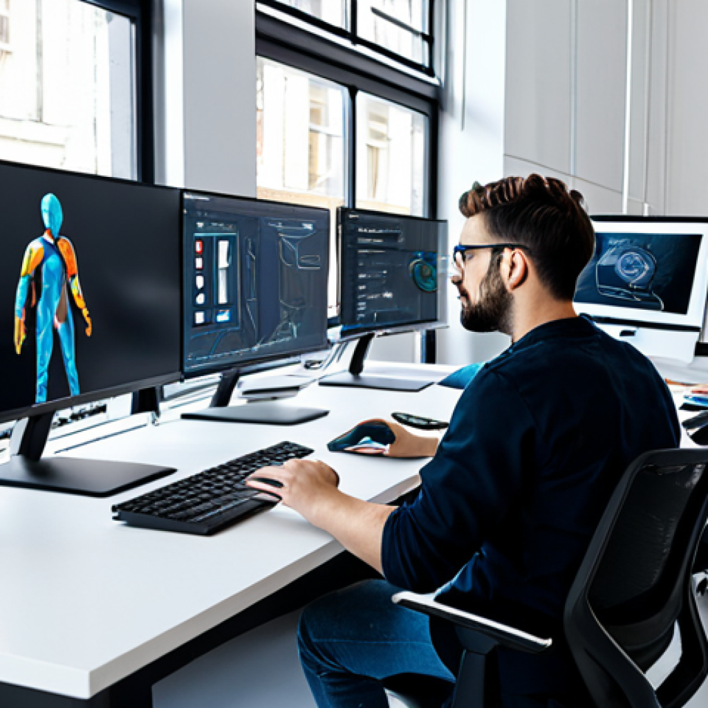 AI-Assisted Design Workspace**
"A modern, brightly lit industrial design studio with multiple computer screens displaying 3D models and AI-generated design options. A diverse team of designers are collaborating on screen, fully clothed in appropriate attire, safe for work. The scene includes ergonomic chairs and prototypes of consumer products. Perfect anatomy, correct proportions, professional environment, high quality."
**