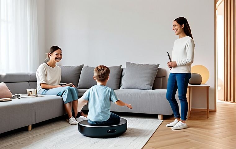 공업디자인과 사운드 디자인 - Smart Home Harmony**

"A modern, minimalist living room featuring a smart speaker subtly glowing wit...