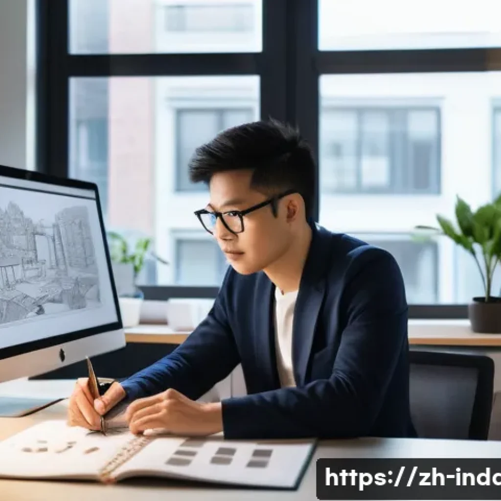 공업디자인 프리랜서 가이드 - A modern freelance industrial designer working at a sleek, minimalist home office desk, surrounded b...
