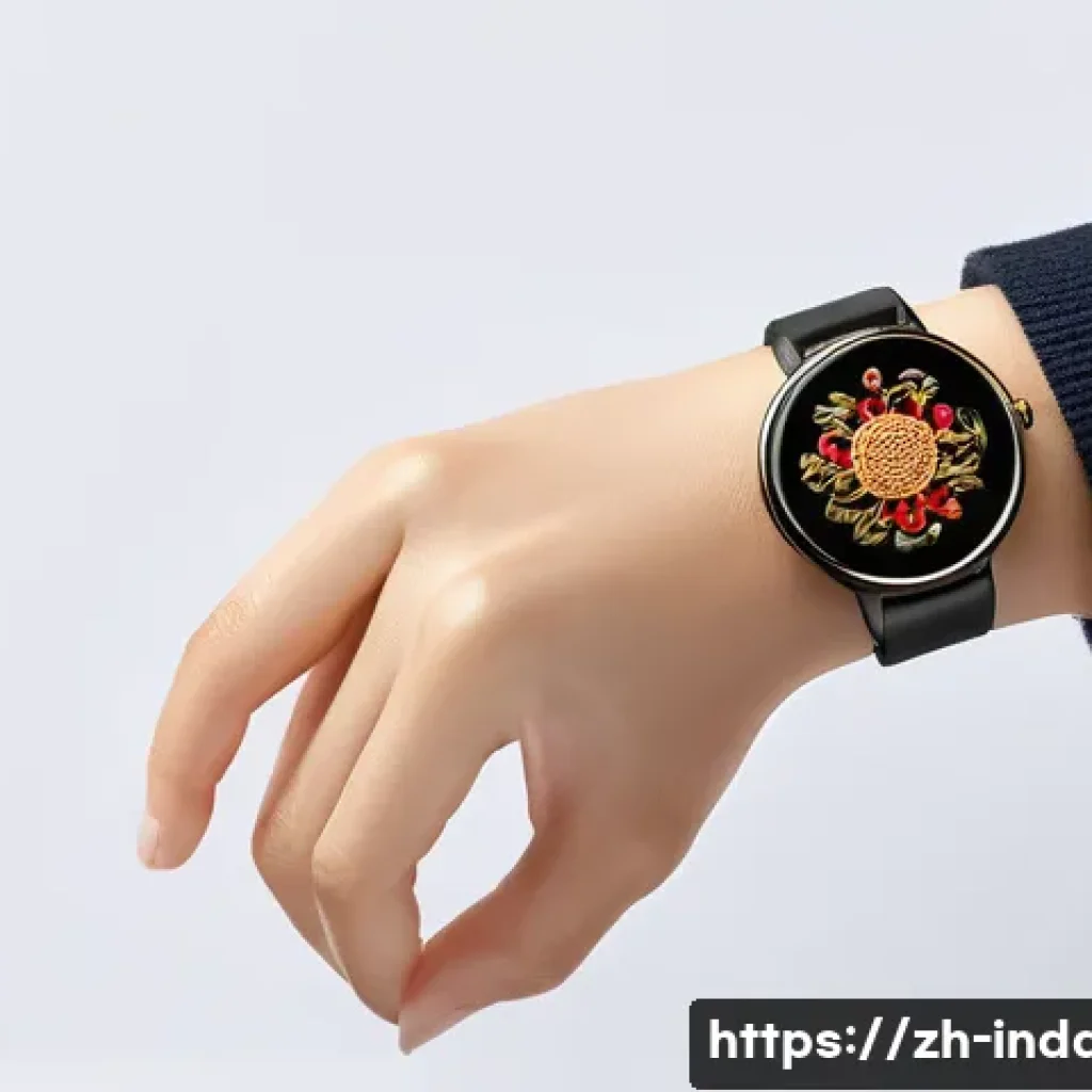 공업디자인과 다문화 디자인 - A modern smart wearable device inspired by traditional Chinese embroidery, featuring intricate red a...