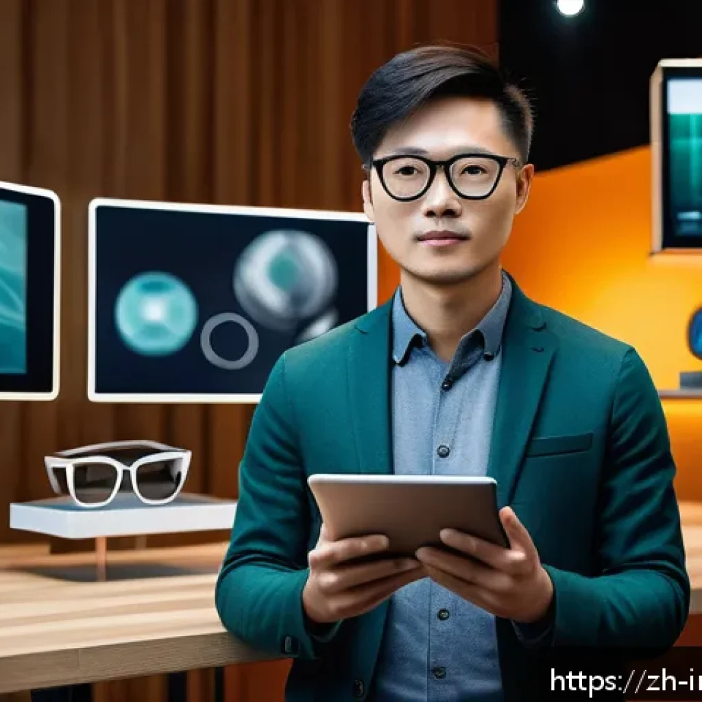 공업디자인과 글로벌 디자인 트렌드 - A futuristic industrial designer wearing smart casual clothes and glasses, working on a sleek digita...