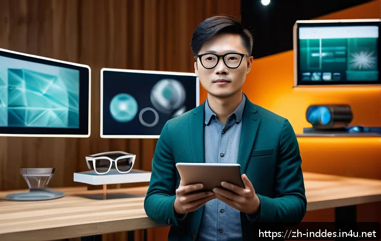 공업디자인과 글로벌 디자인 트렌드 - A futuristic industrial designer wearing smart casual clothes and glasses, working on a sleek digita...