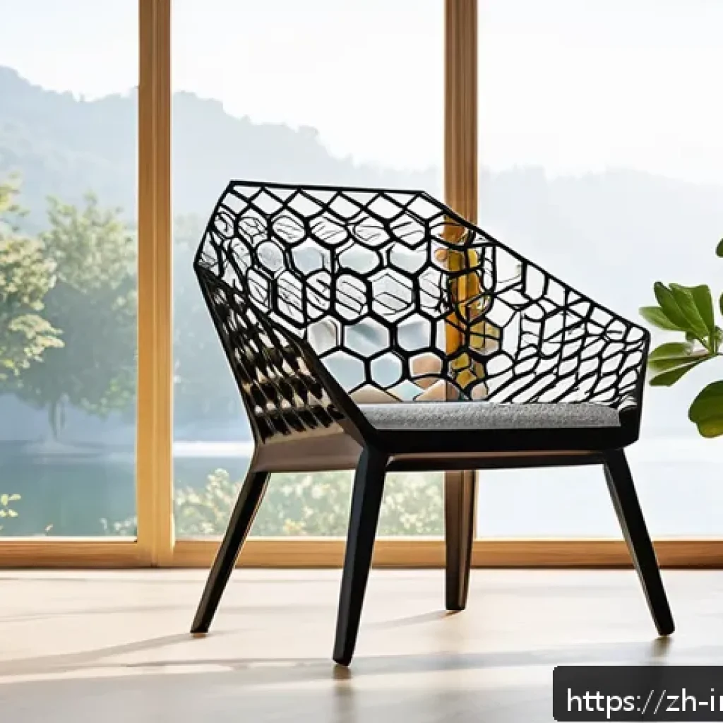 공업디자인과 바이오 디자인 - A modern chair inspired by honeycomb structures, featuring a lightweight yet sturdy frame with hexag...