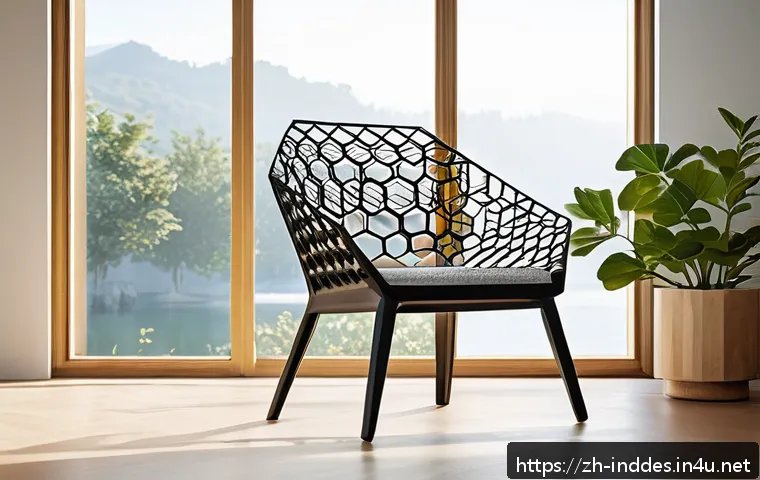 공업디자인과 바이오 디자인 - A modern chair inspired by honeycomb structures, featuring a lightweight yet sturdy frame with hexag...