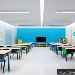 공업디자인과 교육용 제품 디자인 - A bright and modern classroom featuring modular furniture with movable desks and chairs arranged fle...