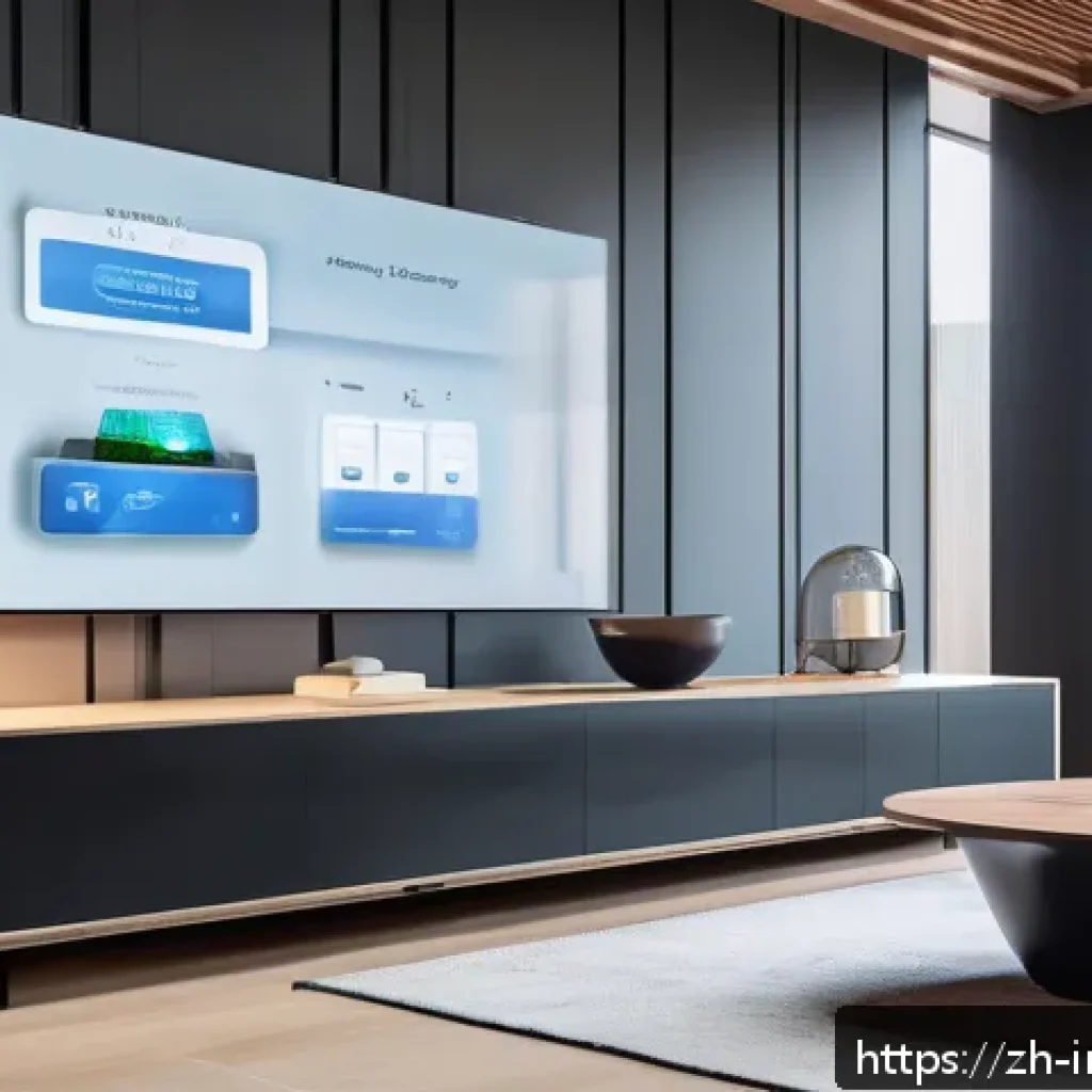 공업디자인과 전자제품 디자인 - A futuristic smart home interior showcasing AI-driven design with sleek, minimalistic furniture and ...