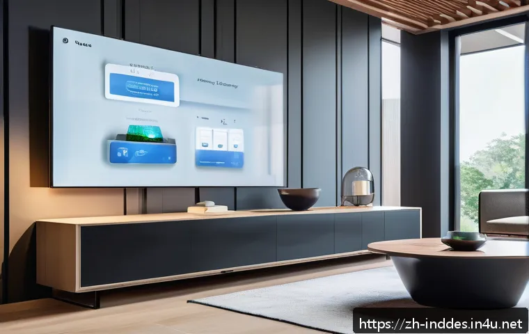 공업디자인과 전자제품 디자인 - A futuristic smart home interior showcasing AI-driven design with sleek, minimalistic furniture and ...